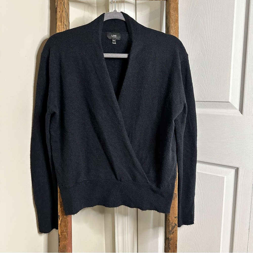 Line the Label Black Faux Wrap Front Sweater in Black SZ M